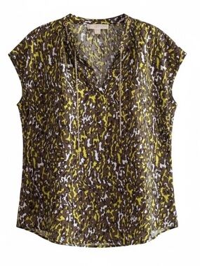 Michael Michael Kors Abstract Camouflage Gold Link Blouse Top  L Cap Sleeves